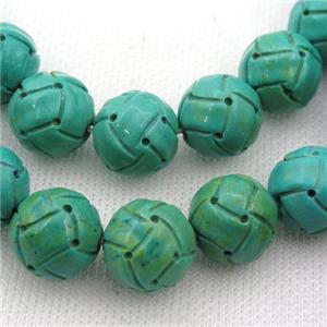 green Sinkiang Turquoise round beads, football, carved, approx 16mm