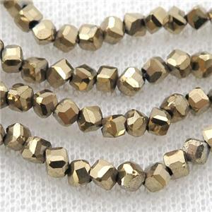 Hematite beads, corner-drilled cube, pyrite color electroplated, approx 3mm
