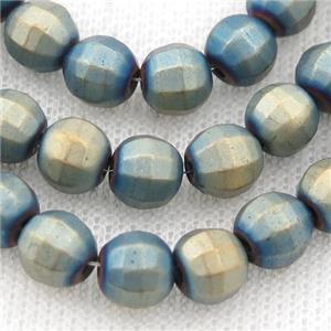 matte Hematite lantern beads, bluegold electroplated, approx 8mm dia