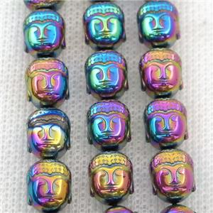 Hematite buddha beads, rainbow electroplated, approx 9-10mm