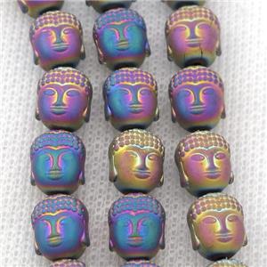 matte Hematite buddha beads, rainbow electroplated, approx 9-10mm