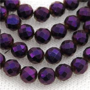 Hematite beads, faceted round, purple electroplated, approx 4mm