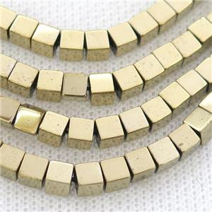 Gold Hematite Cube Beads, approx 2mm