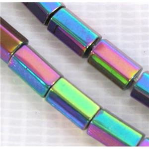 Hematite beads, faceted-tube, no-Magnetic, rainbow electroplated, approx 5x8mm