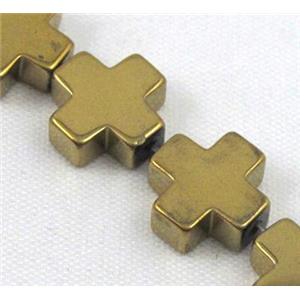 cross Hematite beads, no-Magnetic, gold plated, approx 10x10mm, 15.5 inches