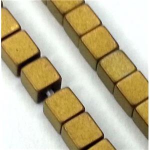 matte Hematite beads, no-Magnetic, cube, gold electroplated, approx 3x3mm, 15.5 inches