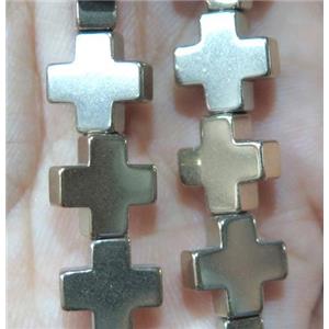 hematite beads, cross, lt.gold plated, no magnetic, approx 10x10mm, 15.5 inches