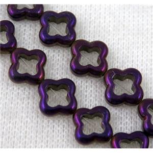 hematite beads, four-leaf clover, purple electroplated, approx 12mm dia