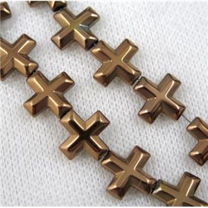 hematite cross beads, coffee electroplated, approx 10x10mm