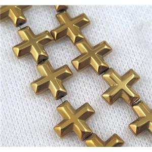 hematite cross beads, gold electroplated, approx 10x10mm