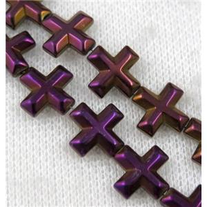 hematite cross beads, purple electroplated, approx 8x8mm