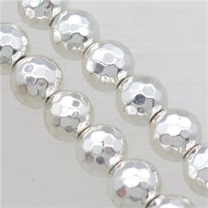 faceted round Hematite Beads, shiny silver plated, approx 10mm dia
