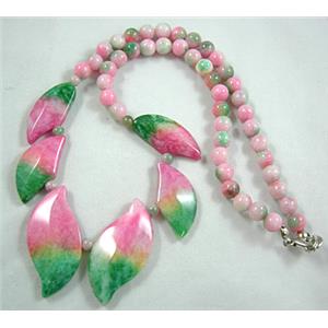 Jade Necklace, leaf, green/pink, 16 inch, big leaf bead:17x35mm, round bead: 6mm