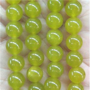 round jade stone beads, dye, olive, approx 6mm dia