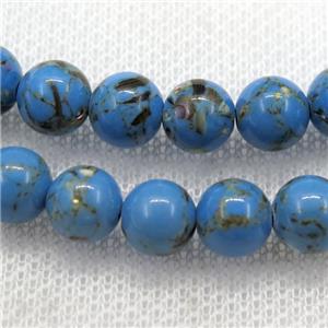 blue synthetic turquoise beads with shelled, round, approx 8mm dia