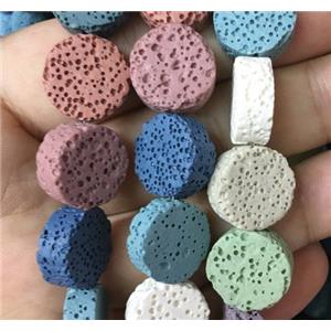 Lava stone beads, button coin, mixed color, approx 15x8mm