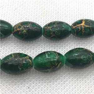 Lampwork Glass Beads with painted, rice, green, approx 10x15mm, 25pcs per st
