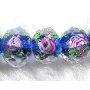 Lampwork Glass bead, faceted wheel, flower, blue, 8x10mm