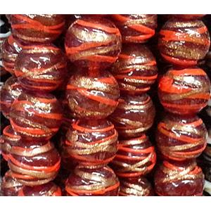 glass lampwork beads with goldsand line, round, red, 12mm dia