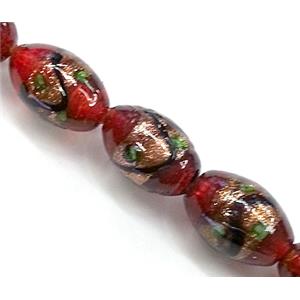 glass lampwork beads with goldsand, barrel, red, 11x16mm