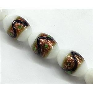 glass lampwork beads with goldsand, barrel, white, 11x16mm