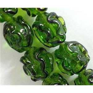 Lampwork Glass bead with stripe, barrel, olive, 13x18mm