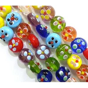 Lampwork Glass bead with flower, 12mm dia