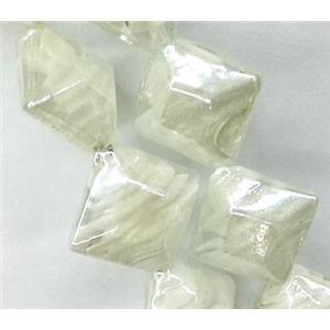 Plated Lampwork glass bead, square, white, approx 17x17mm