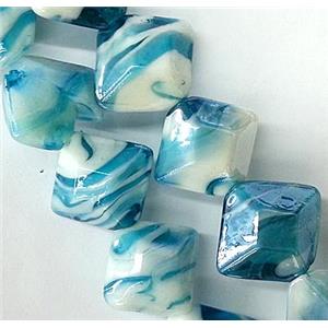 Plated Lampwork glass bead, square, peacock blue, approx 17x17mm
