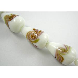 lampwork glass beads with swirl goldsand, teardrop, white, 12x20mm, 20pcs per st
