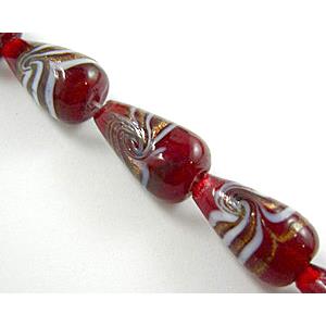 lampwork glass beads with swirl goldsand, teardrop, red, 12x20mm, 20pcs per st
