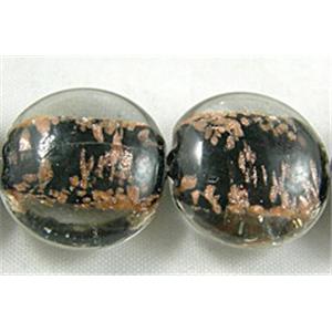 lampwork glass beads with goldsand, flat-round, black, 15mm dia, 25pcs per st