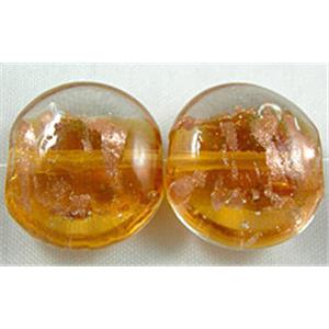 lampwork glass beads with goldsand, flat-round, golden, 15mm dia, 25pcs per st