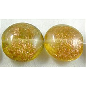 lampwork glass beads with goldsand, flat-round, yellow, 15mm dia, 25pcs per st