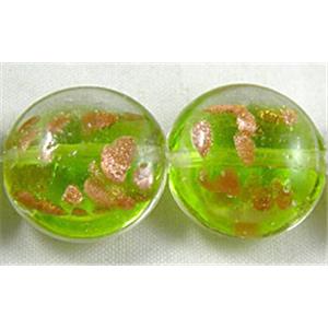 lampwork glass beads with goldsand, flat-round, green, 15mm dia, 25pcs per st