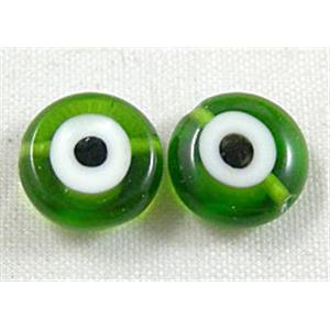 lampwork glass beads with evil eye, flat-round, green, 8mm dia, 50pcs per st