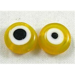 lampwork glass beads with evil eye, flat-round, yellow, 12mm dia, 33pcs per st