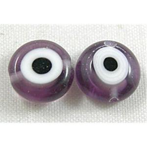 lampwork glass beads with evil eye, flat-round, purple, 12mm dia, 33pcs per st