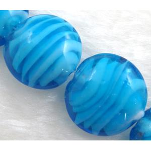 lampwork glass beads, flat-round, swirl line, blue, 20mm dia, 20pcs per st