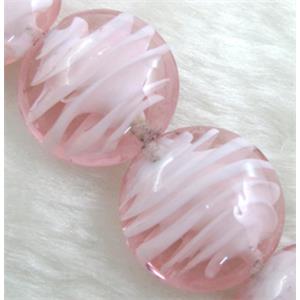 lampwork glass beads, flat-round, swirl line, pink, 20mm dia, 20pcs per st
