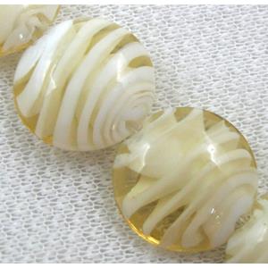 lampwork glass beads, flat-round, swirl line, lt.yellow, 20mm dia, 20pcs per st