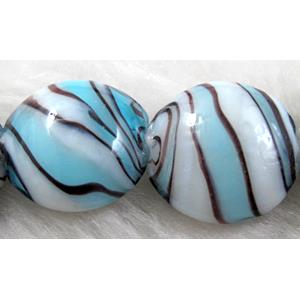 zebra lampwork glass beads, flat-round, blue, 20mm dia