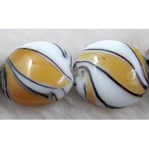 zebra lampwork glass beads, flat-round, yellow, 20mm dia