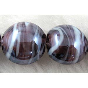 Lampwork glass bead, flat round, purple, 20mm dia