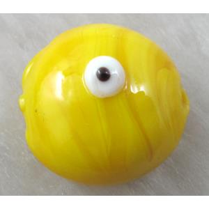  lampwork glass beads with evil eye, flat-round, yellow, 16mm dia, 25pcs per st