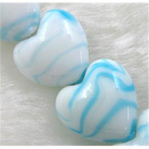 lampwork glass beads, heart, aqua stripe, white, 15mm dia, 25pcs per st