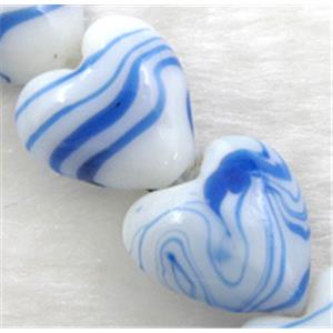 lampwork glass beads, heart, blue stripe, white, 15mm dia, 25pcs per st