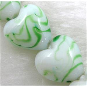 lampwork glass beads, heart, green stripe, white, 15mm dia, 25pcs per st
