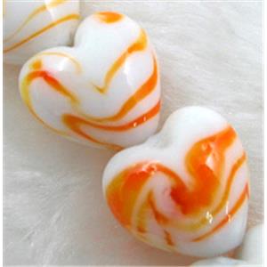 lampwork glass beads, heart, orange stripe, white, 15mm dia, 25pcs per st