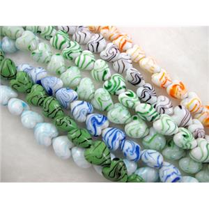 lampwork glass beads, heart, stripe, mixed color, 15mm dia, 25pcs per st